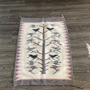 Vintage Handwoven Bird Tree Wool Rug or Wall Decor